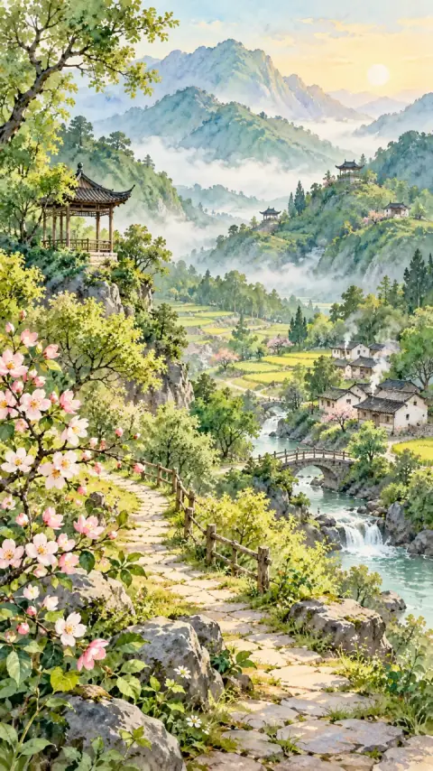 山村咏怀诗意插画