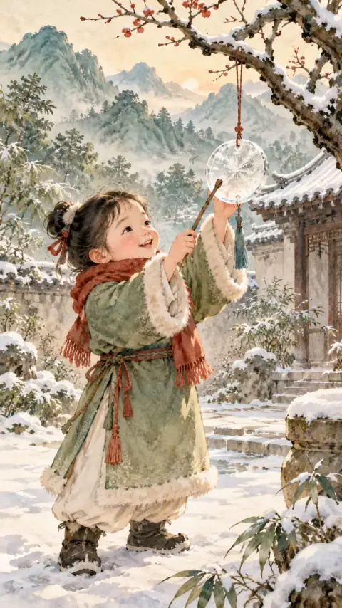 稚子弄冰诗意插画