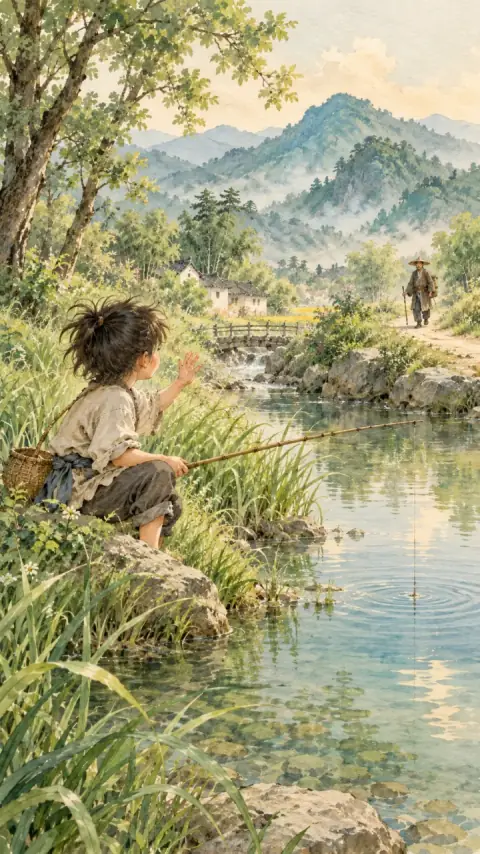 小儿垂钓诗意插画