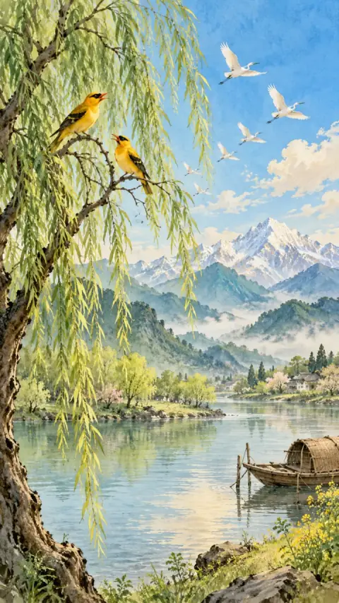 绝句（两个黄鹂鸣翠柳）诗意插画