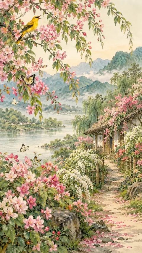 江畔独步寻花·其六诗意插画
