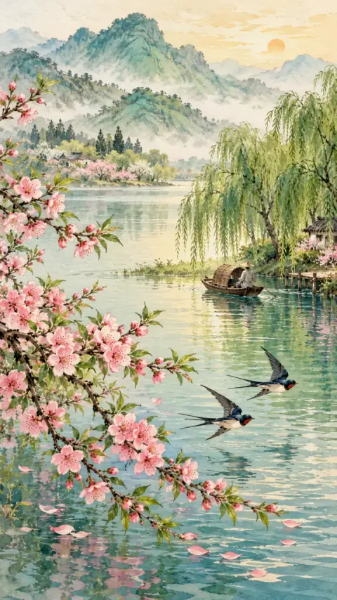 春游湖诗意插画