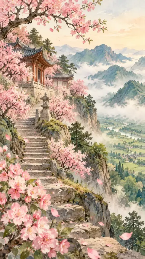 大林寺桃花诗意插画