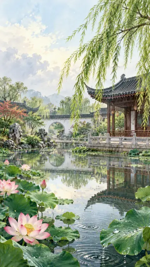 雨后池上诗意插画