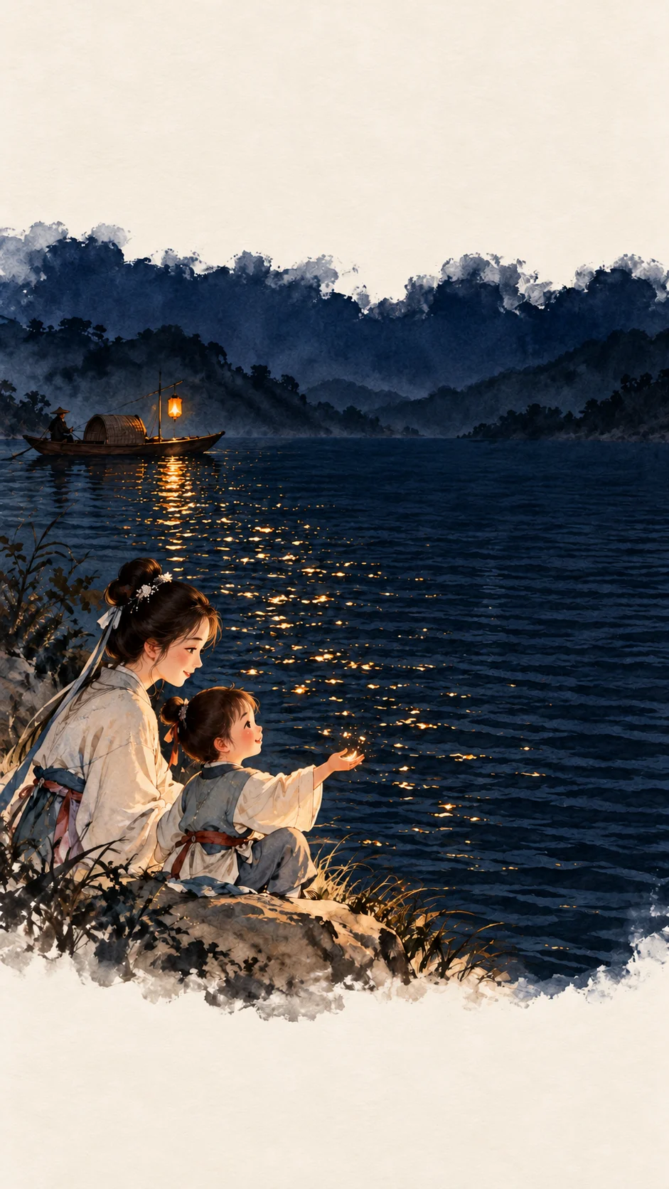 舟夜书所见诗意插画