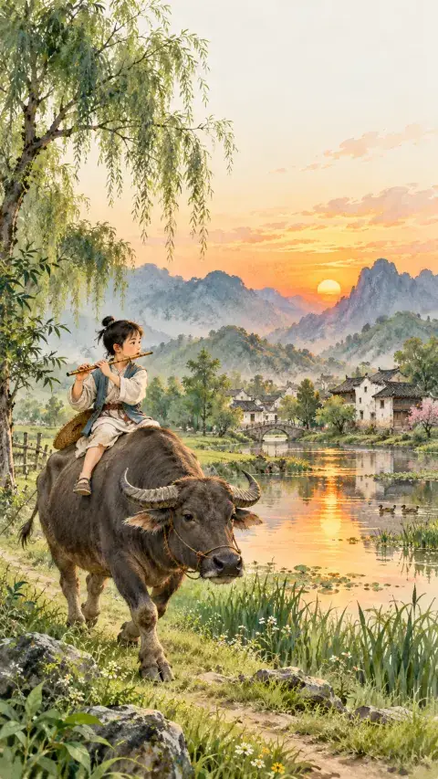 村晚诗意插画