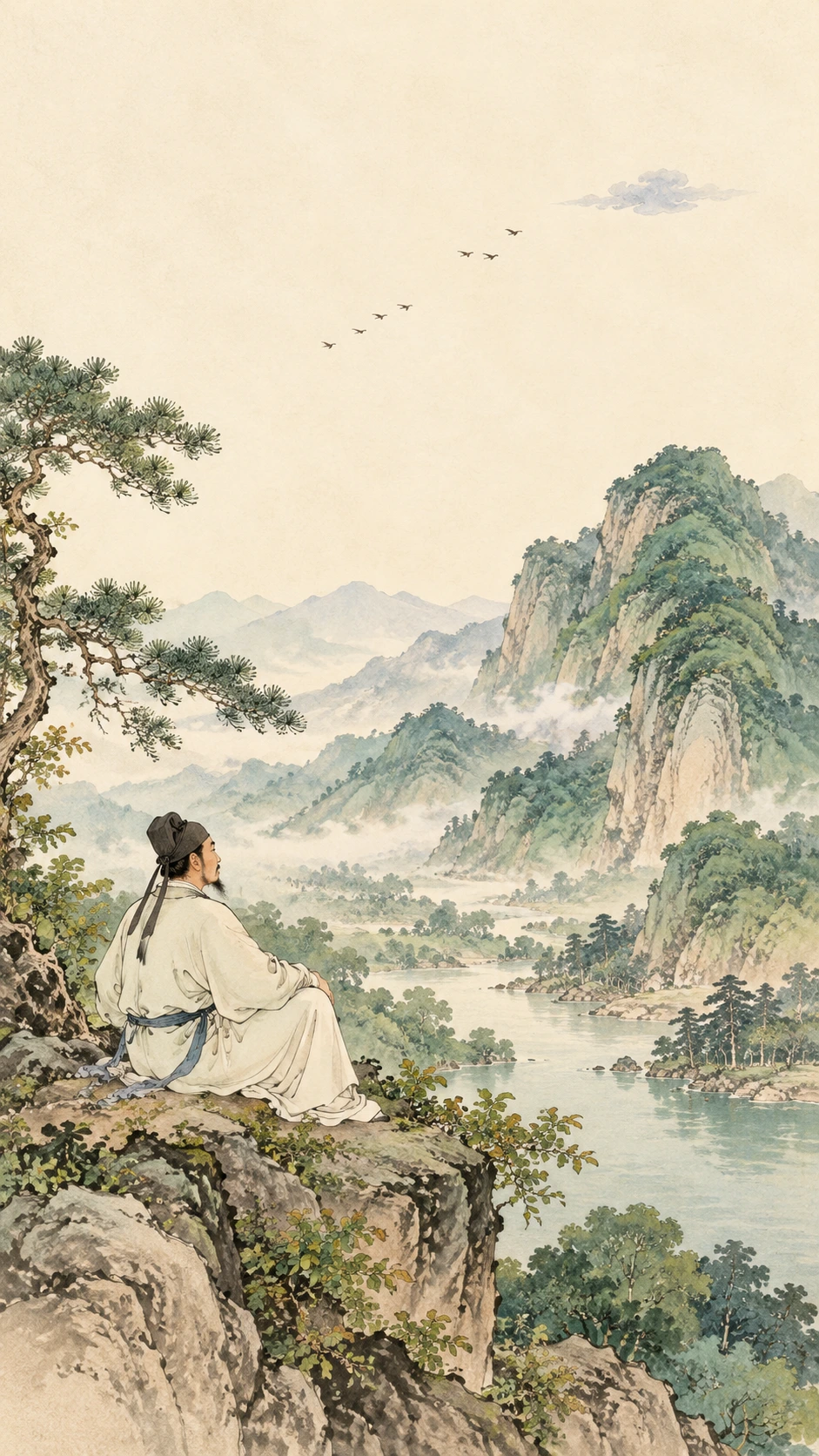 独坐敬亭山诗意插画