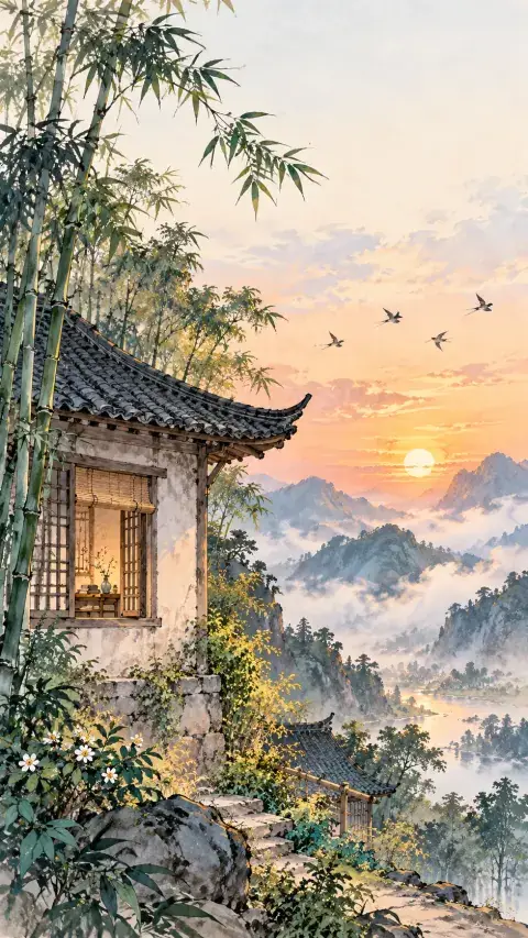 山中杂诗诗意插画