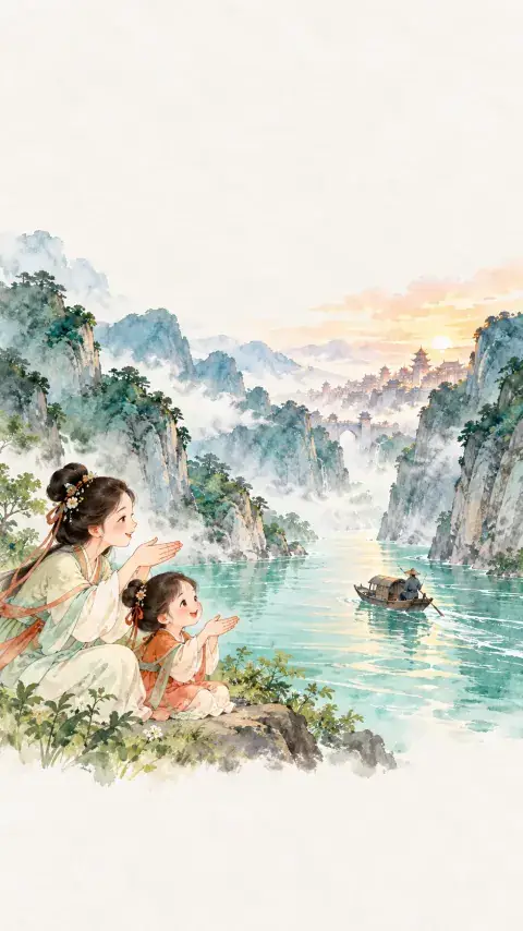 早发白帝城诗意插画