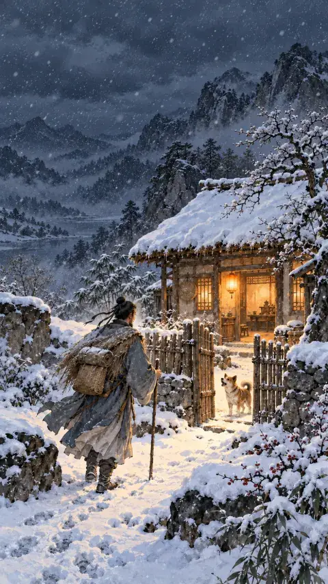 逢雪宿芙蓉山主人诗意插画