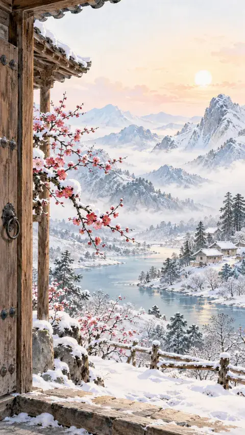 山中雪后诗意插画