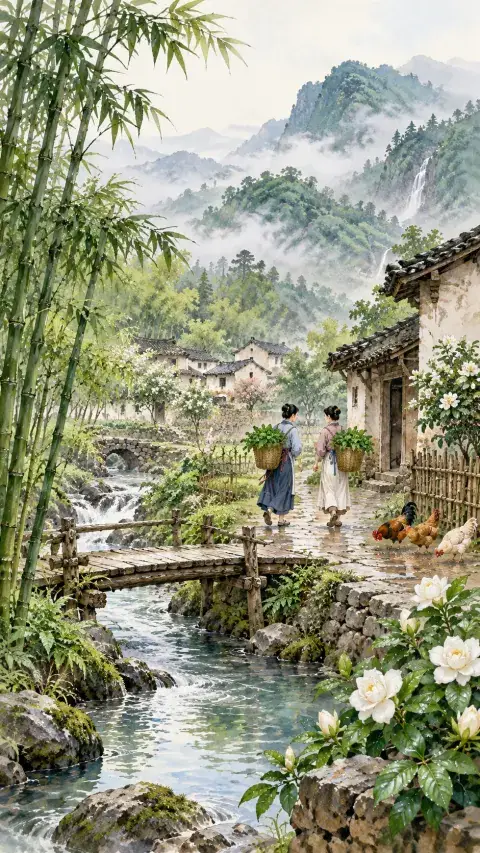 雨过山村诗意插画