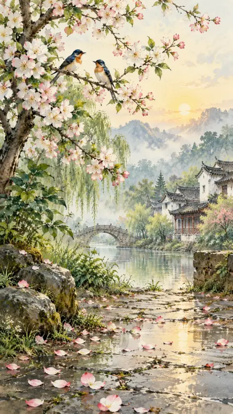 A Spring Morning: blossoms and a bird on a branch