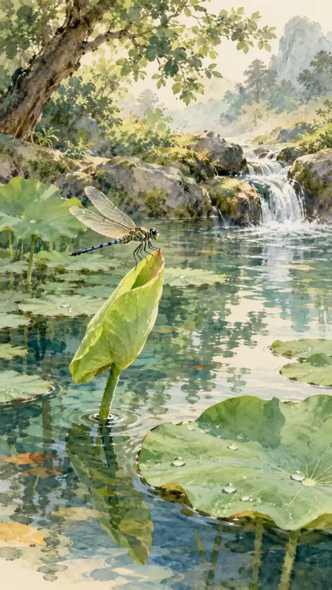A Little Pond: a lotus leaf and dragonfly