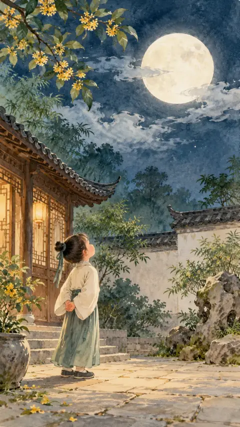孩子在庭院里望着夜空中的圆月